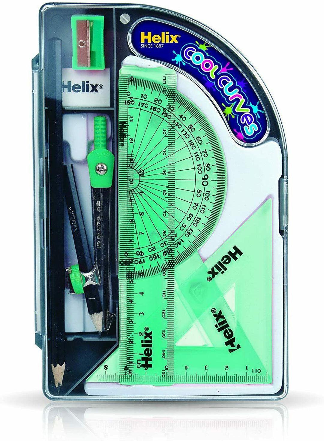 Helix Maths Set - Cool Curves Geometry Ruler Set Square Protractor School Set